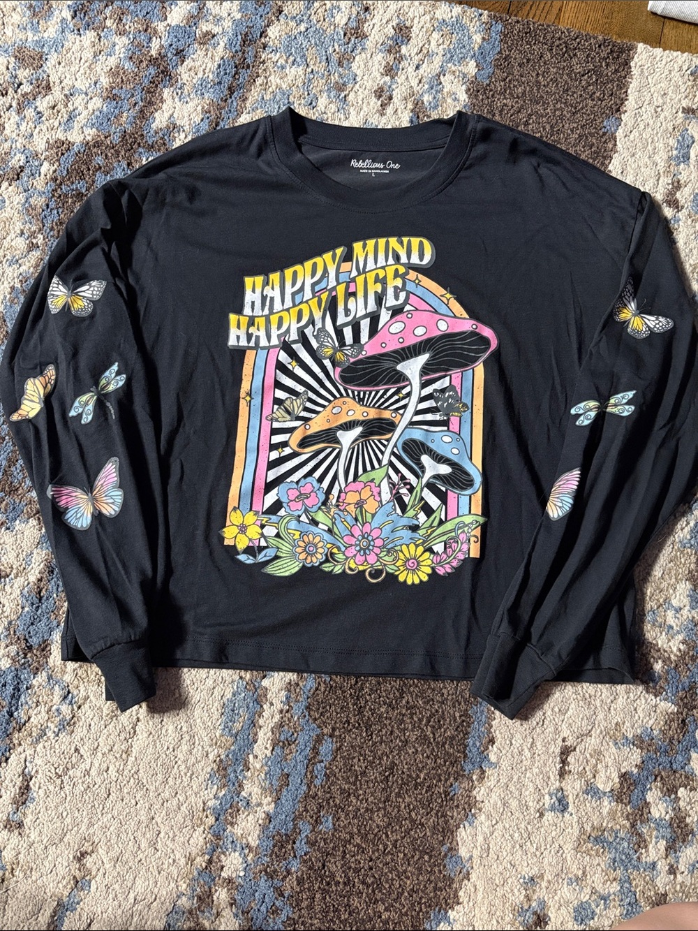 Rebellious One Black 'Happy-Mind Happy Life' Mushroom Graphic Long Sleeve Tee